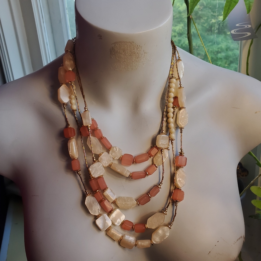 Vintage Peach Crystal & Mother Of Pearl  Chunky Necklace